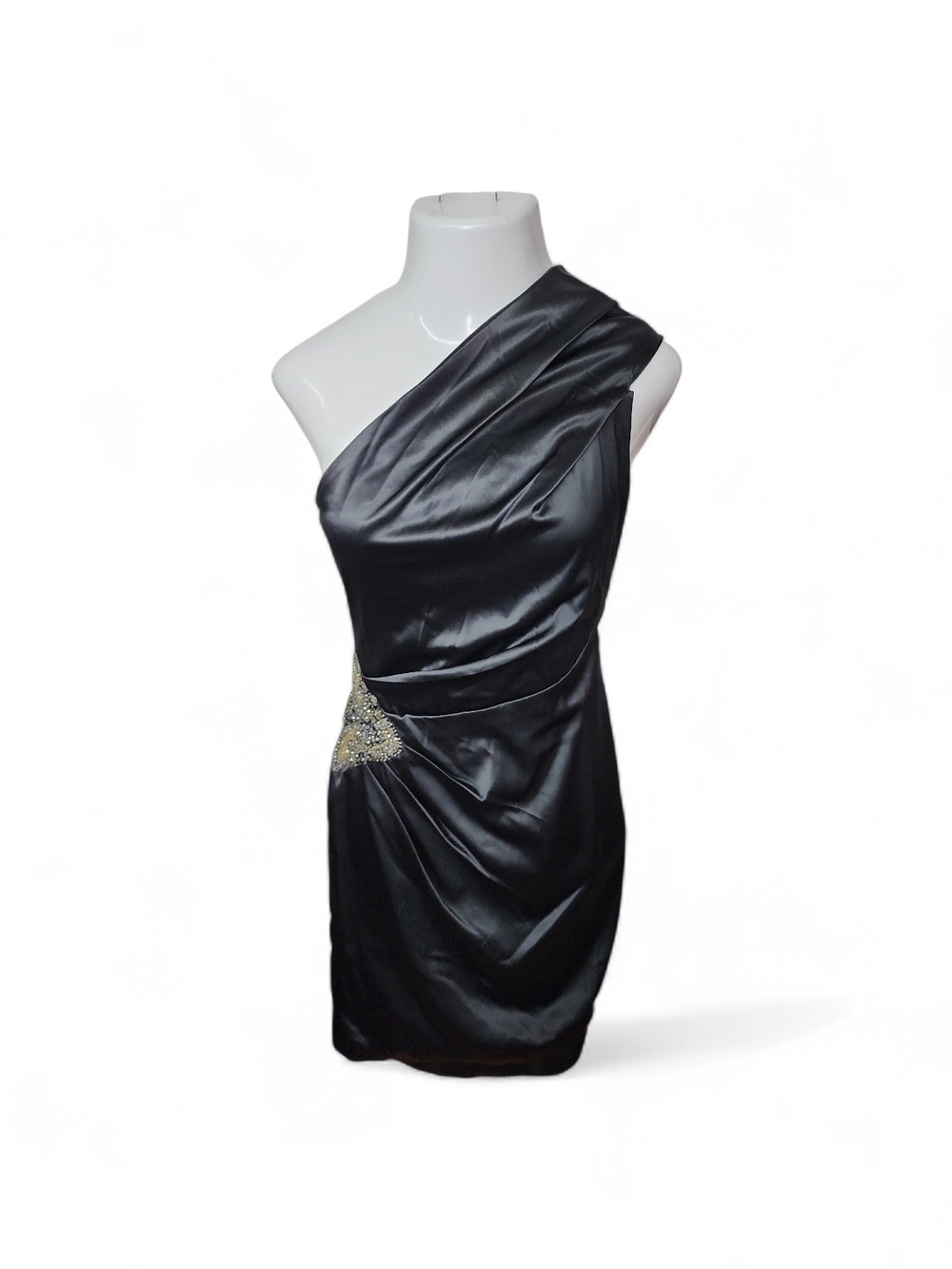 Eliza J One-Shoulder Black Satin Dress ✨ Beaded Accent | Elegant Cocktail Glam